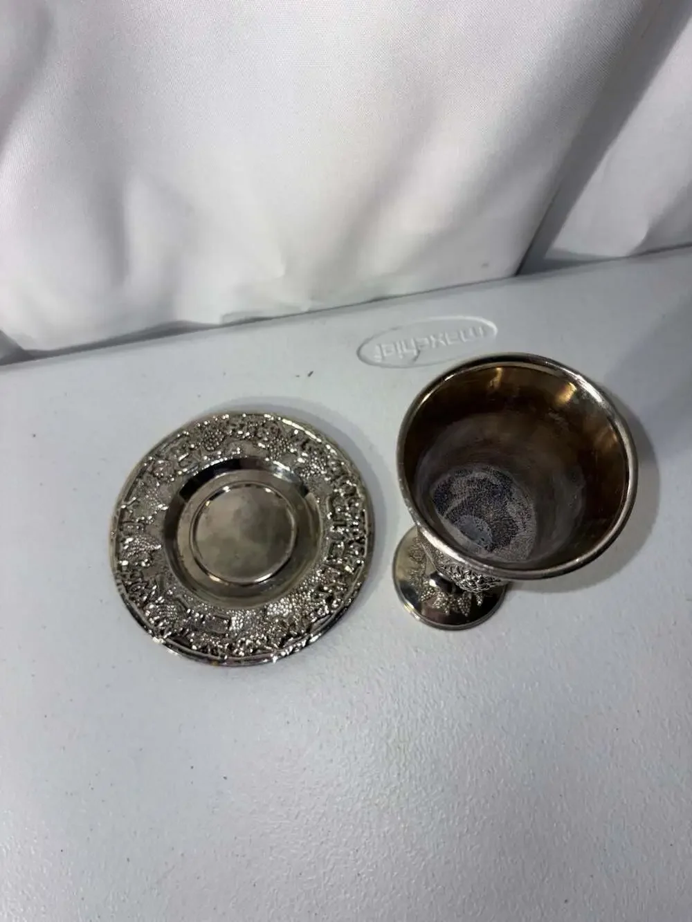 Silver-Plated Kiddush Cup and Saucer Set with Grapevine Motif